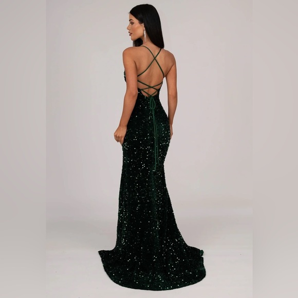 Side Slit Velvet Sequin Gown - Emerald - Picture 2 of 7